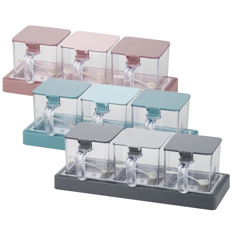 Kitchenware Plastic Spice Jar with Lid Spoon and Tray for Tea Coffee Spices Seasoning Box Set