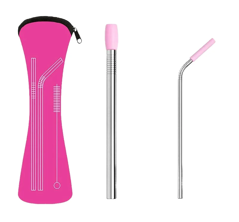 304 Custom Logo Bent And Straight Whole Sale Pack Straws Stainless Steel Metal Straw Set with bag packaging