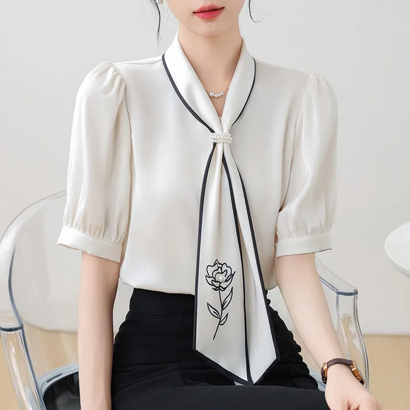 Short-sleeved Bow Neck Satin Shirt Top Casual Loose Blouse with Beading Flower Femme Blusa 8977#