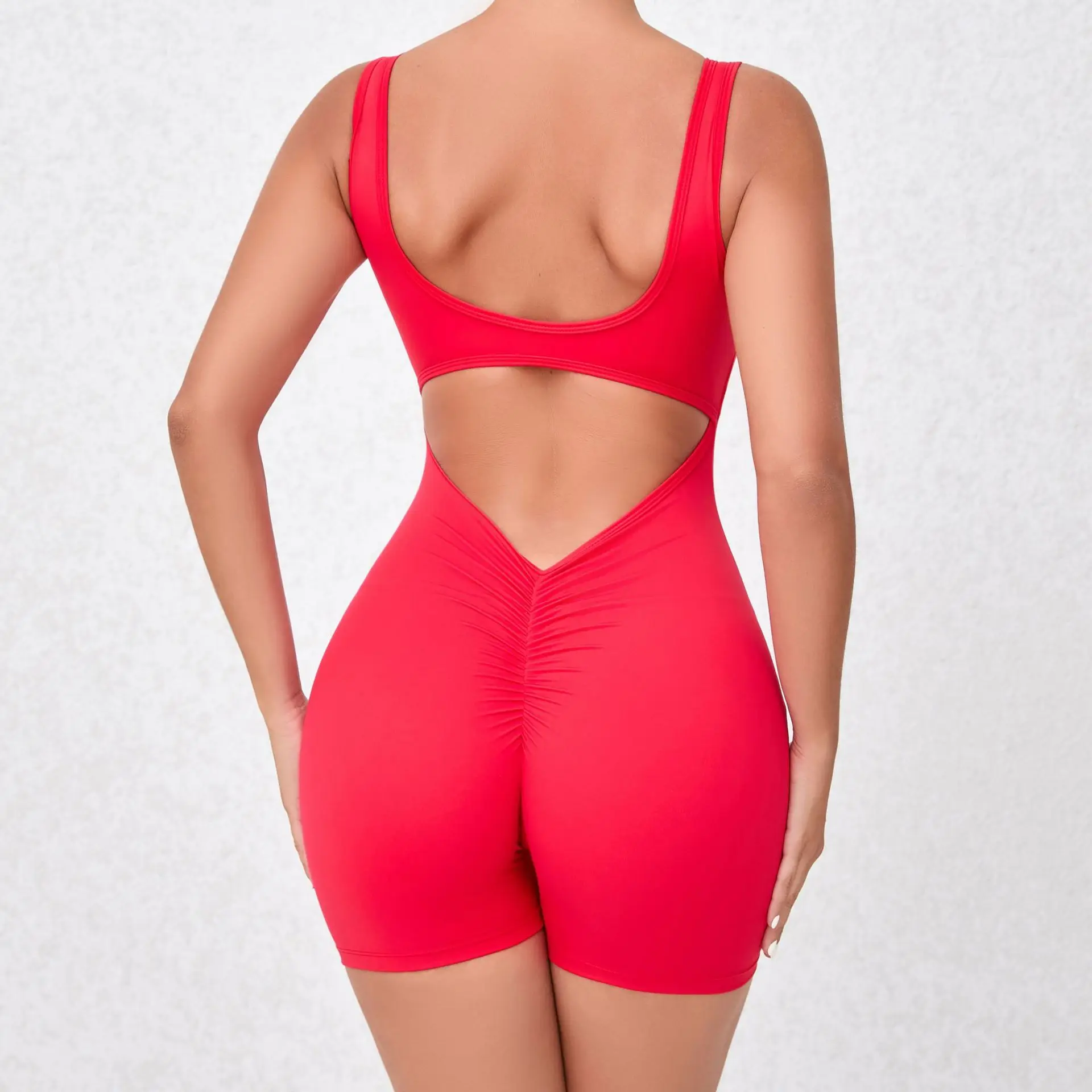 XW-4608 Training Sportswear Backless Scrunch Butt Gym red spandex fabric yoga sets fitness women sexy short Jumpsuits Playsuits