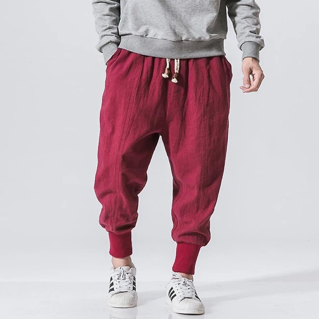 Custom Men Streetwear Lightweight Cotton Linen Joggers Sweatpants Plain Casual Harem Pants