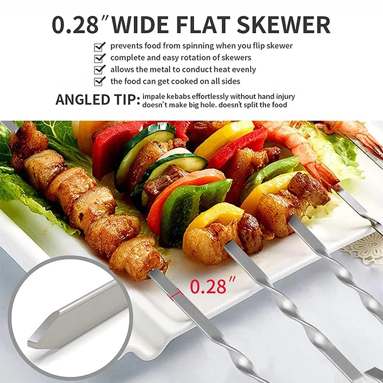 Stainless Steel BBQ Skewers BBQ Fork Kebab chotto heat stick Barbecue Grill Long Flat Meat Skewers