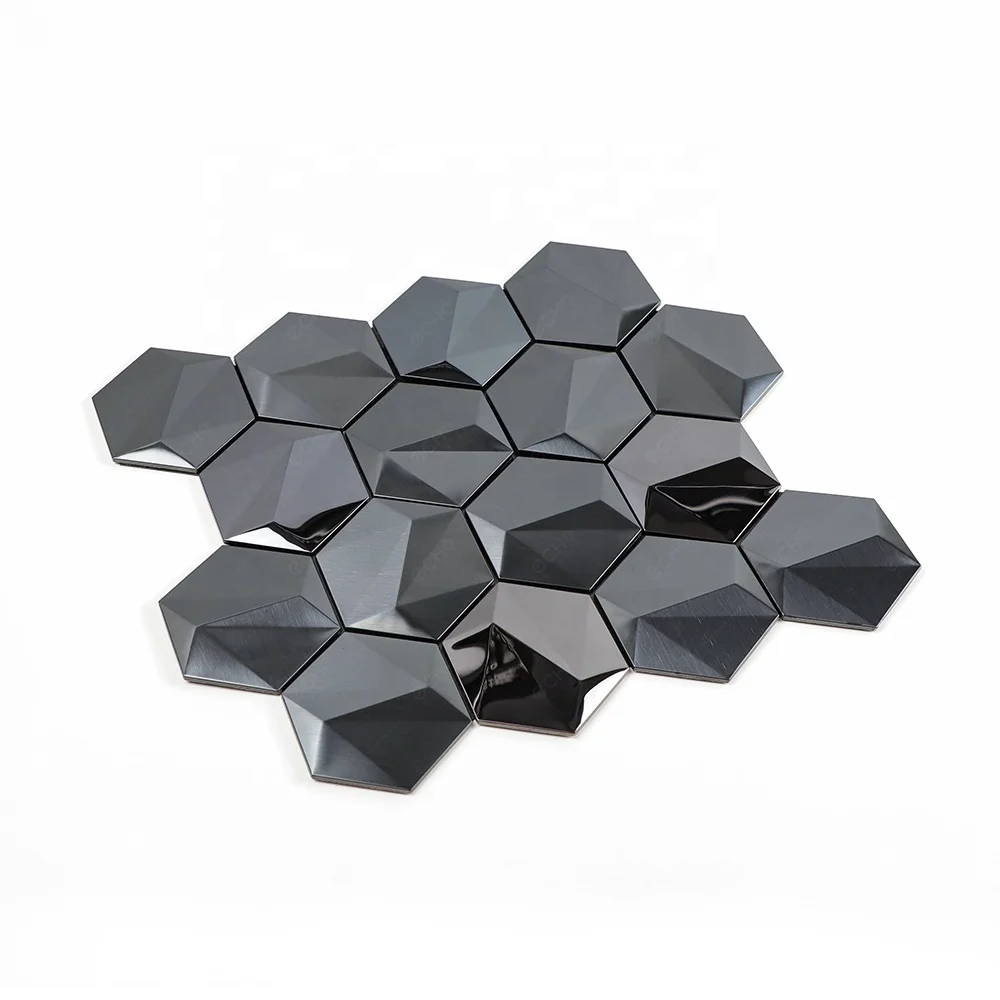 Luxury Gunmetal Gray 3D Convex Hexagon Self Adhesive Stainless Steel Mosaic Stick on Wall Tiles
