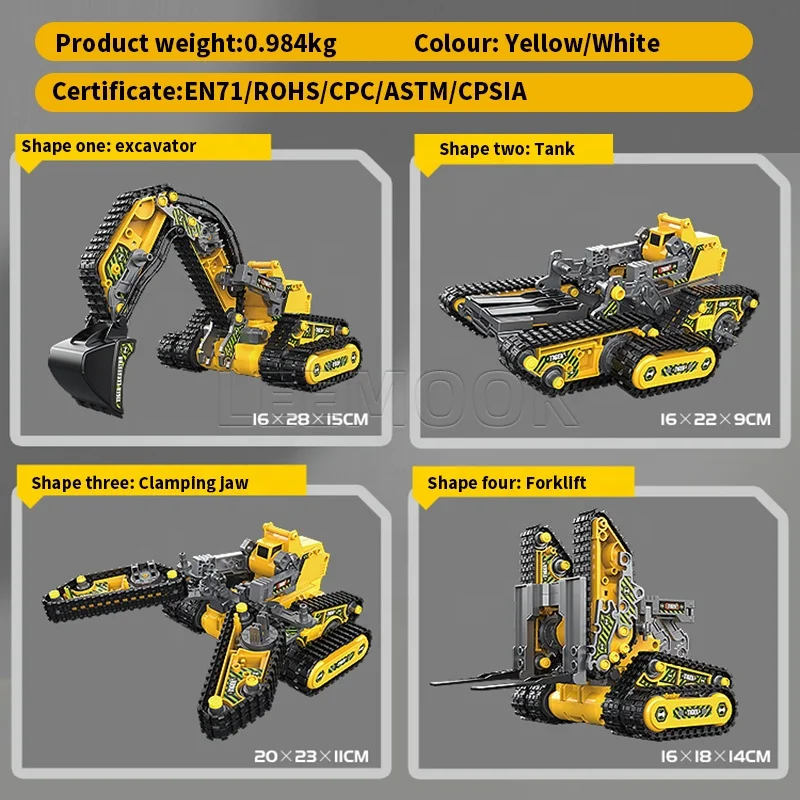 Leemook Hot Radio Control Excavator Bulldozer 2.4G RC Die Cast Construction Truck Toys Set 4-in-1 Engineering Vehicle