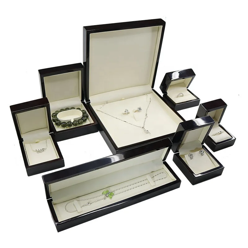 Black glossy piano painted wooden PU leather lining jewelry packaging box