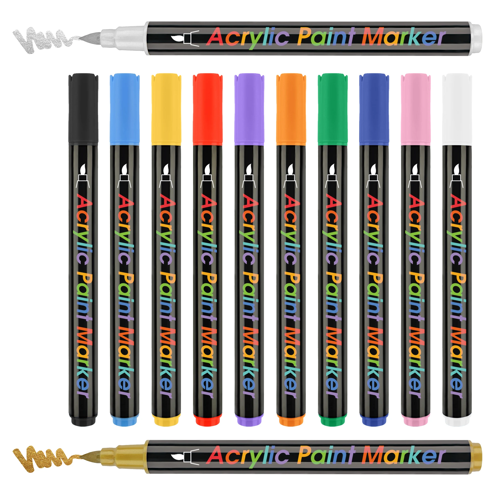 24 Classic Metallic Color Acrylic Paint Pens Double Pack Flexible Brush Tip Water-Based Markers Creative Painting Rocks Ceramic