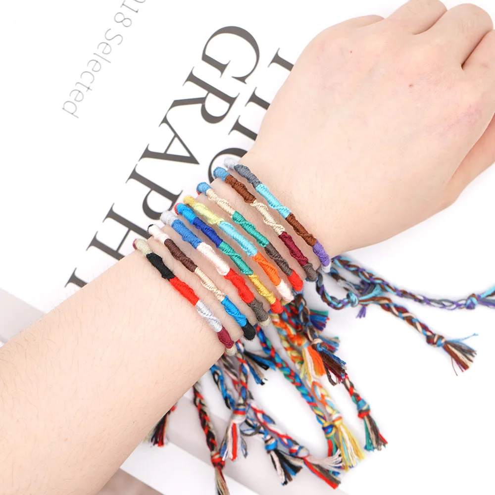 Manufacture Colorful Adjustable National Braided Cotton Thread Tassel Weaving Bracelet