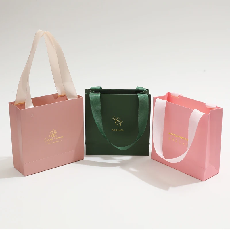Luxury OEM Jewelry Paper Bag Custom Logo Printing Small Wedding Gift Shopping Jewelry Packaging Paper Bag with Ribbon