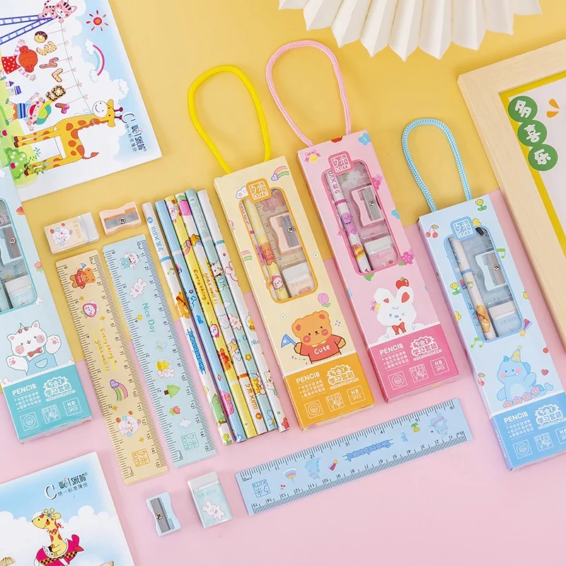 Wholesale school cartoon cute ruler sharpener pencil and eraser kids stationery set