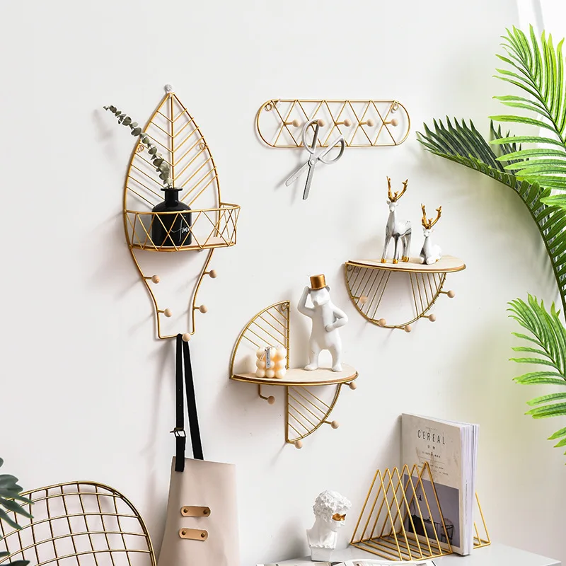 PUSELIFE living room furniture bedroom bathroom hanging storage decoration rack wooden metal iron hexagonal floating wall shelf