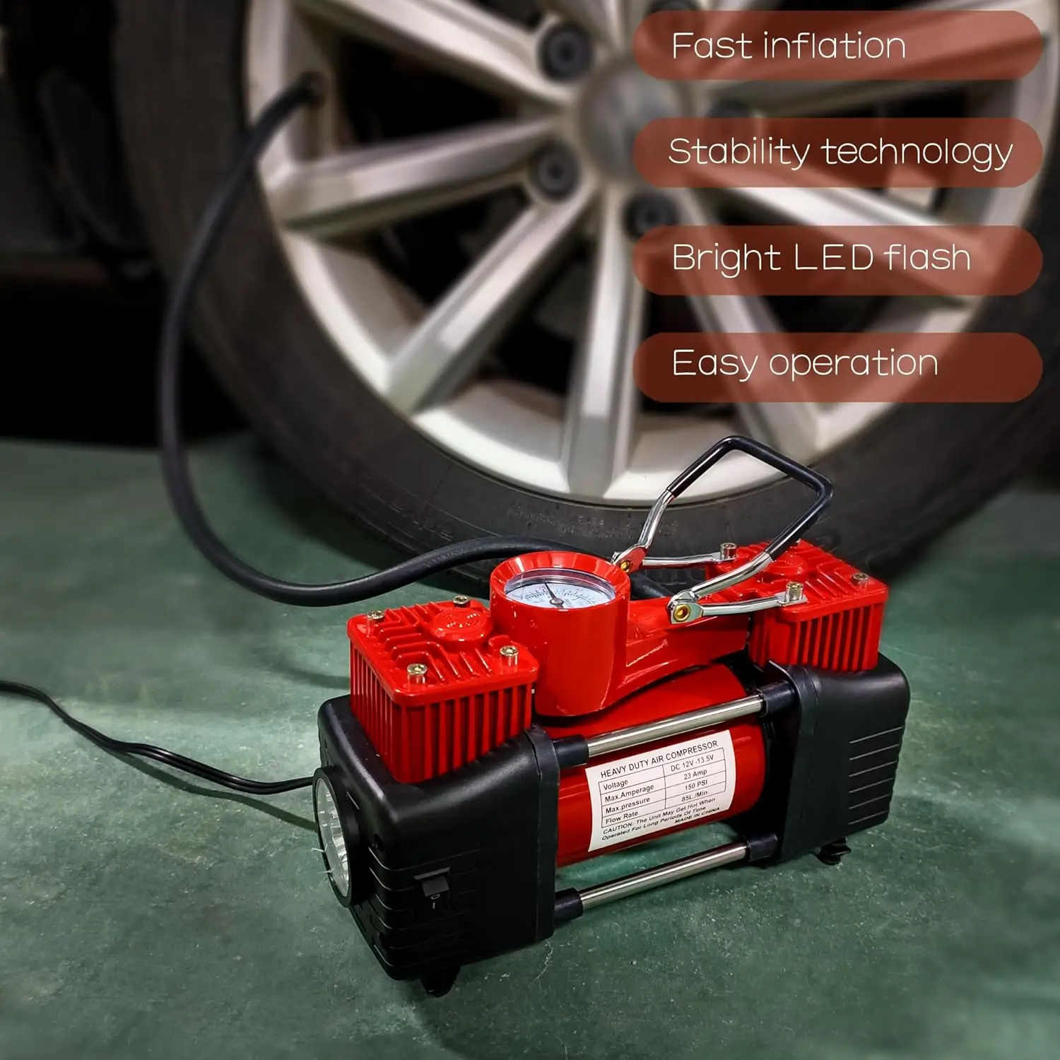 Red Tire Inflator Heavy Duty Dual Cylinder Direct Drive Inflator Pump 12V Portable Air Compressor Pump Digital Pressure Gauge