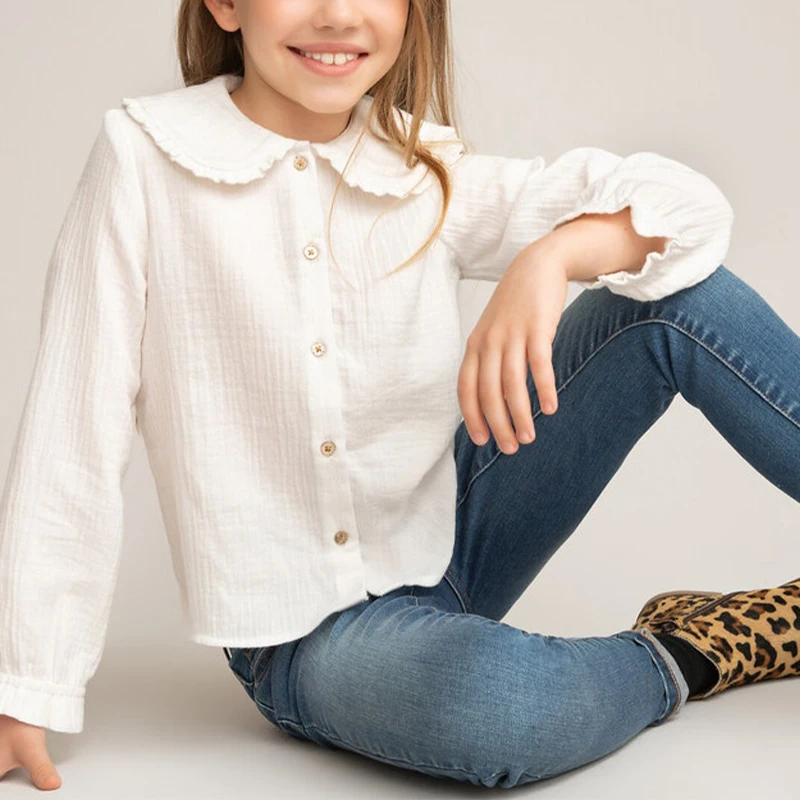 Hot Product Organic Cotton Muslin Blouse Long Sleeves Shirt Peter Pan Collar Blouse