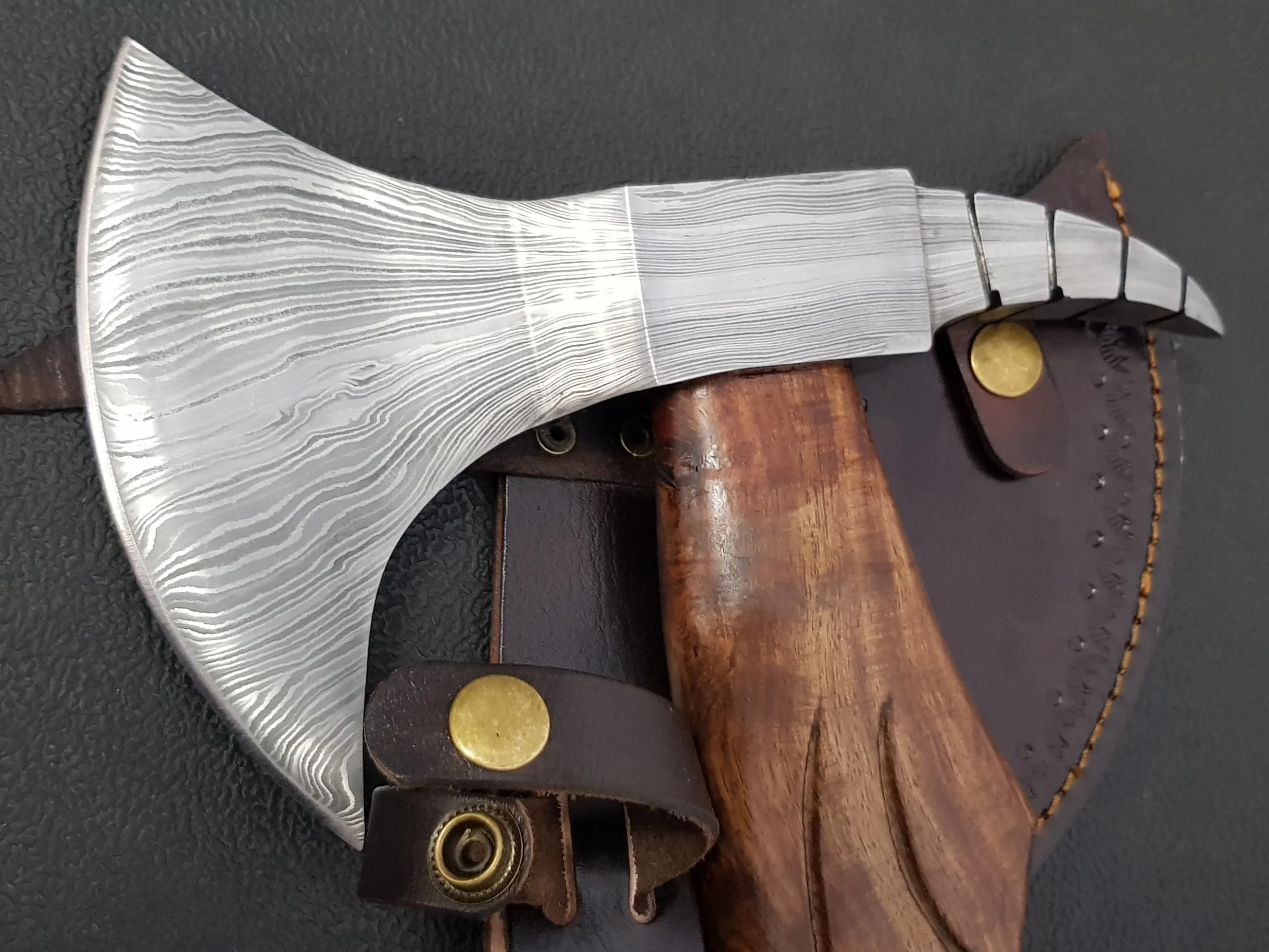 Damascus steel axe with rose wood engraved handle