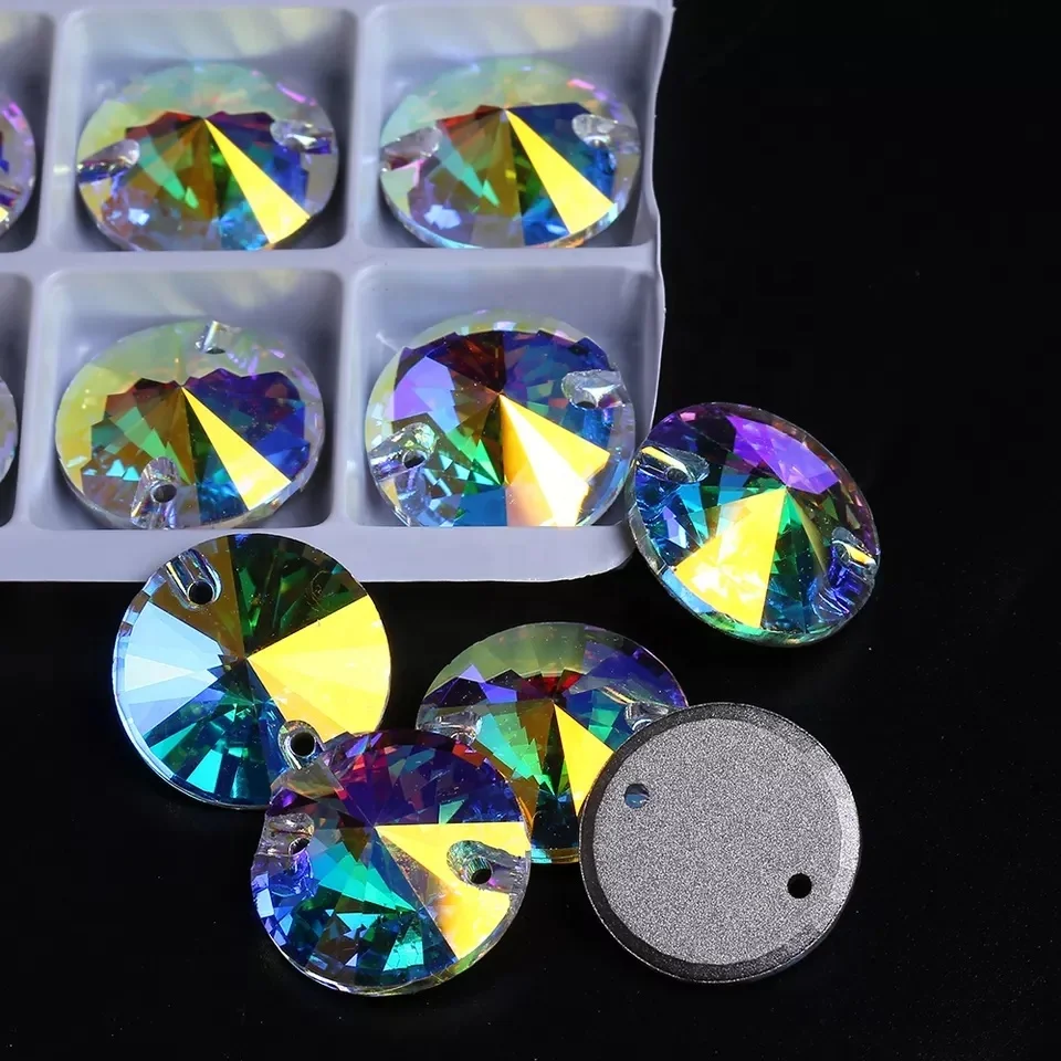 K9 Crystal AB Color Round Rivoli Gemstones Bulk Flat Back Glass Rhinestones Sew On For Diy Clothing