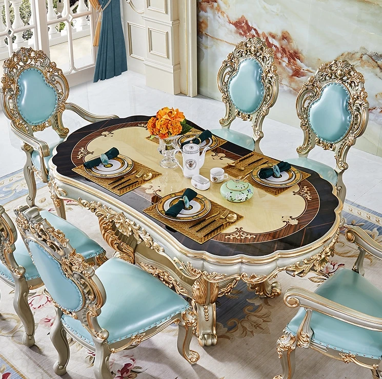 European Antique Home Furniture Luxury Wooden Dining Table 6-8 Chairs Hand Carved Gold Dining Set