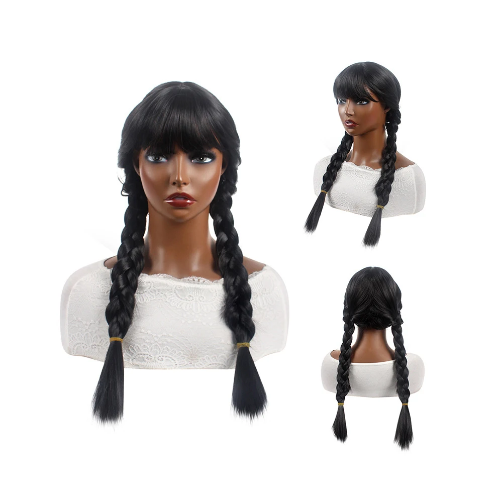Artificial Long Hair Black Fringe Double Ponytail Wig Twist Braid Wednesday COS Anime Head Cover Wigs