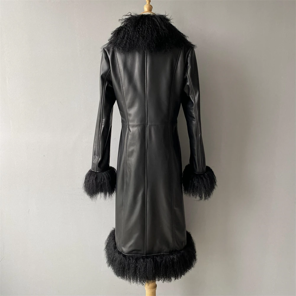 Wholesale Soft Fluffy Mongolian Lamb Fur Collar Outerwear Women Winter Fall Long Genuine Sheep Leather Coats with Fur for Ladies