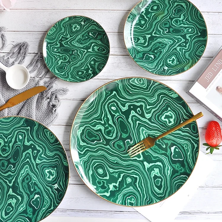 Factory made logo green fine bone china tableware elegant dinner plate