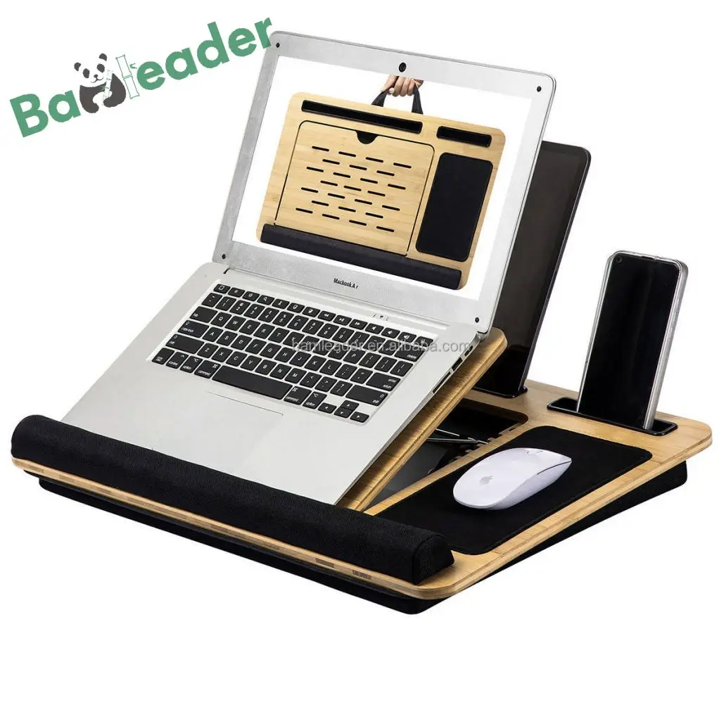 Laptop Desk Lap Stand Laptop Riser Portable with Pillow Monitor Riser Wholesale Adjustable Good Bamboo with Cushion Angle Wooden