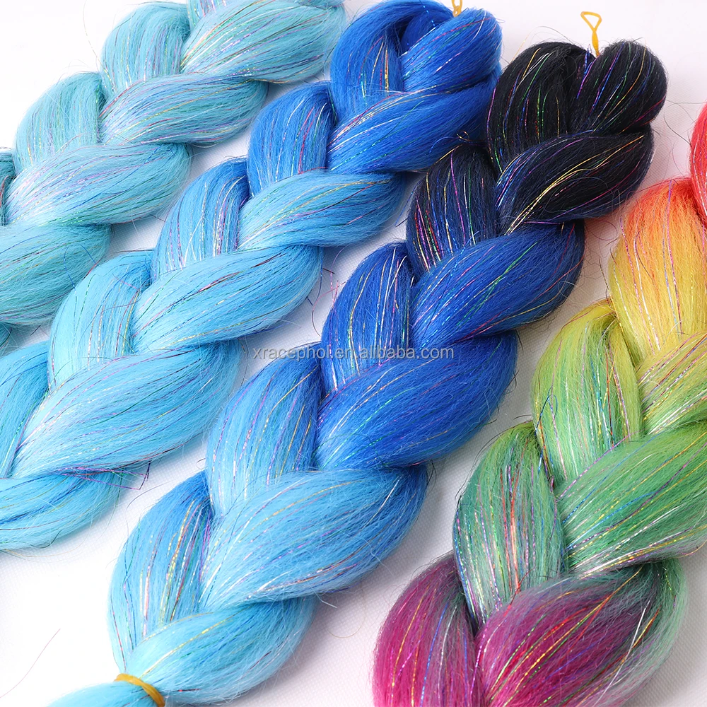 Customized Colors Premium Yaki Texture Glitter Ombre Braiding Hair Mixed Hair Tinsel Extensions 24 Inch Jumbo Braids Hair
