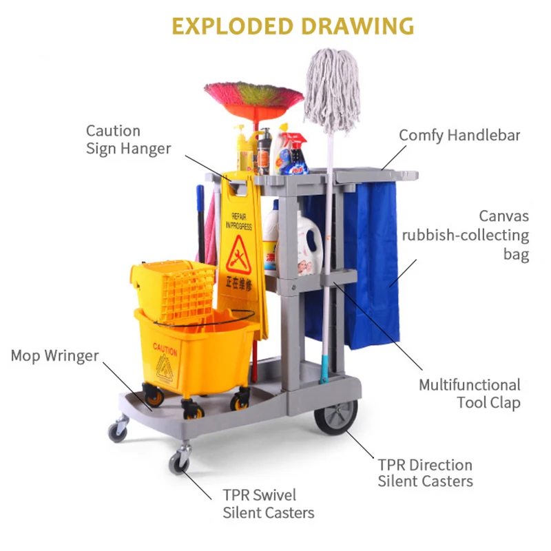 Supplies Commercial Hotel Room Plastic Housekeeping Service Janitor Cart Cleaning Trolley with Refuse Bag