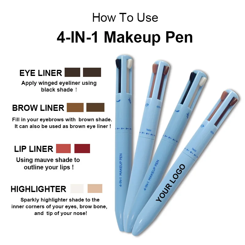 Custom Wholesale Private Label Creamy Vegan Waterproof Eyeliner Eyebrow Lipliner Highlighter 4-In-1 Makeup Beauty Pen