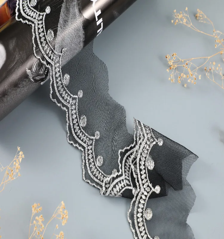 High Quality 8cm Single Edge Black Tulle Lace Trimming White Embroidered Mesh for Lolita woman Dress DIY Ready to Ship LWS07/08