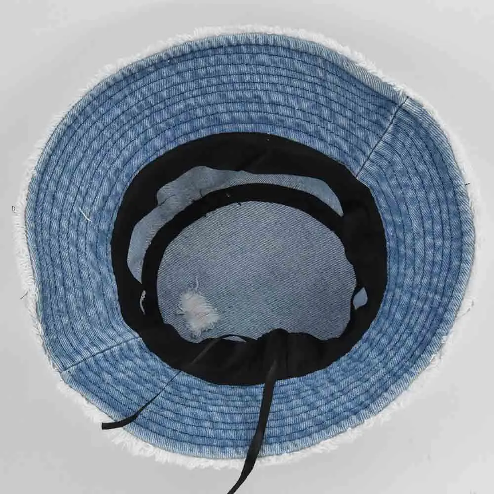 Custom Logo Frayed Brim Washed Cotton Fishing Cap Breathable Summer Sun Hats Women Vintage Denim Bucket Hat