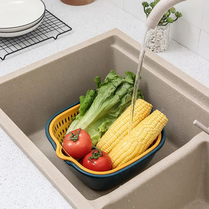 New kitchen household double-layer multi-functional fruit and vegetable filter cleaner plastic drain basket with handle