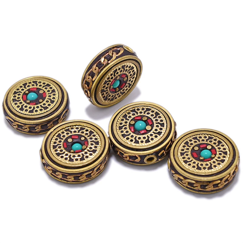 TZ-H 10PCS Handmade Nepalese Buddhist Tibetan Brass Metal & Clay Loose Craft Beads for Necklace Jewelry Making DIY Flat Round