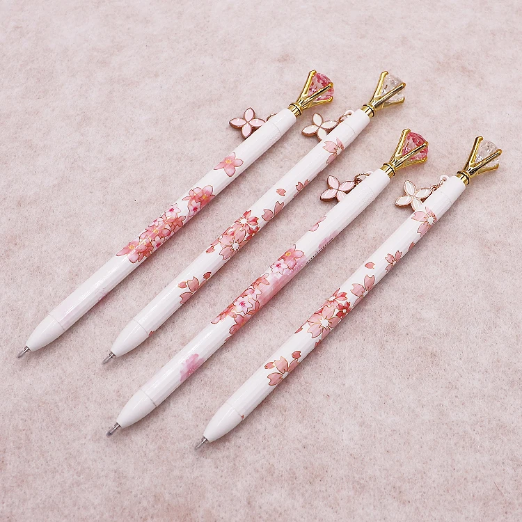 High Quality Cute Flower Printed Crystal Gel Pen Pink and White Diamond Gel lnk Pens for Scholl Office Stationary