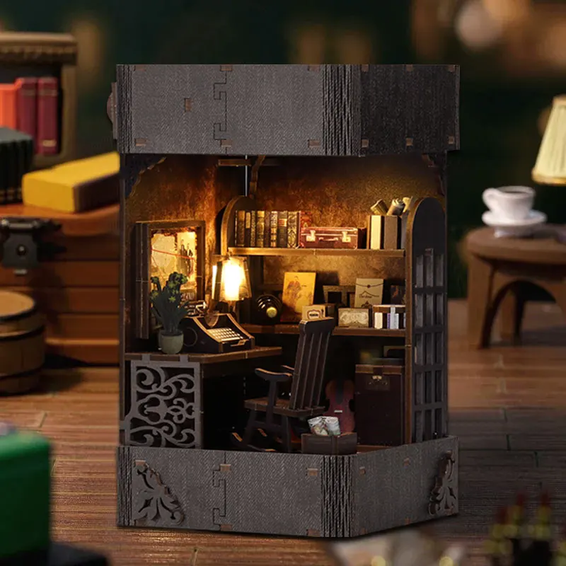 Custom 3d wooden puzzle DIY Book nook mini detective agency Bookshelf Insert Build-Creativity Kit Dollhouse handmade Bookend