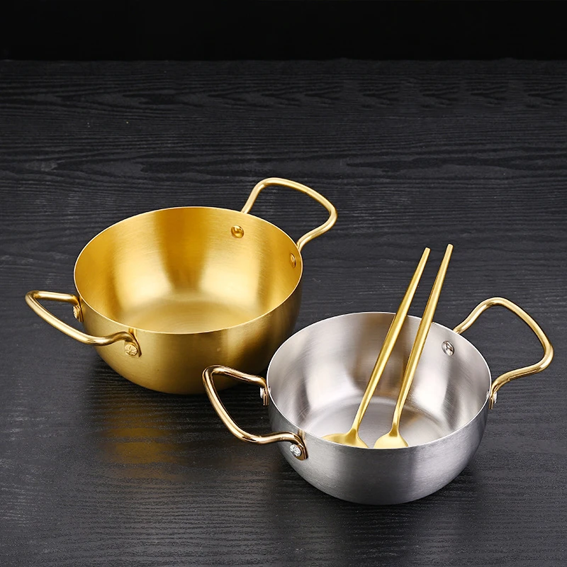 Luxury Korean Style Double Handle Instant Noodle Hot Pots Steel Stock Pot with Lid for Gas Induction Stove Compatibility Soup