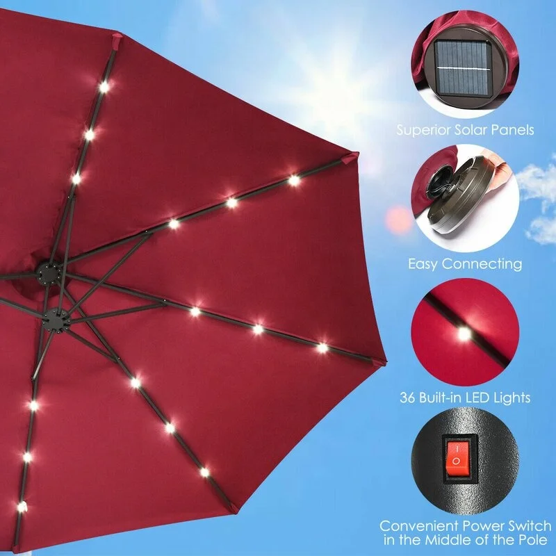 14X9FT Double Sided Sun Canopy Straight Pool Side Market Patio Outdoor Beach Solar LED Light Umbrella with Crank