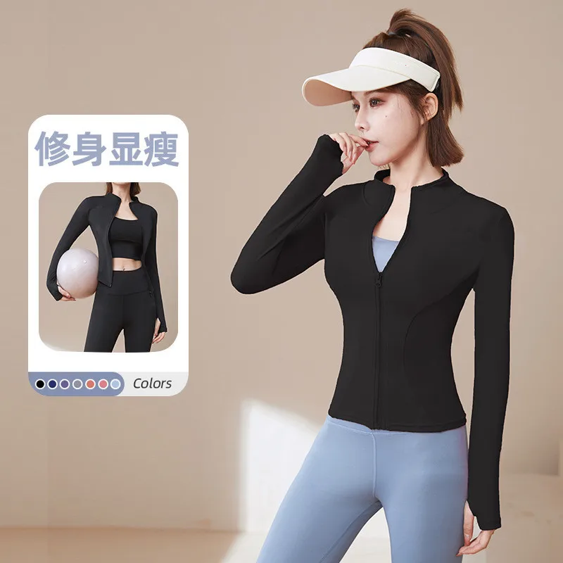 J3013 New Arrival Sun Protection Quick Drying Yoga Sports Jacket Stand Up Collar  Stretch Tight Waist Slim Fit Running Blazer