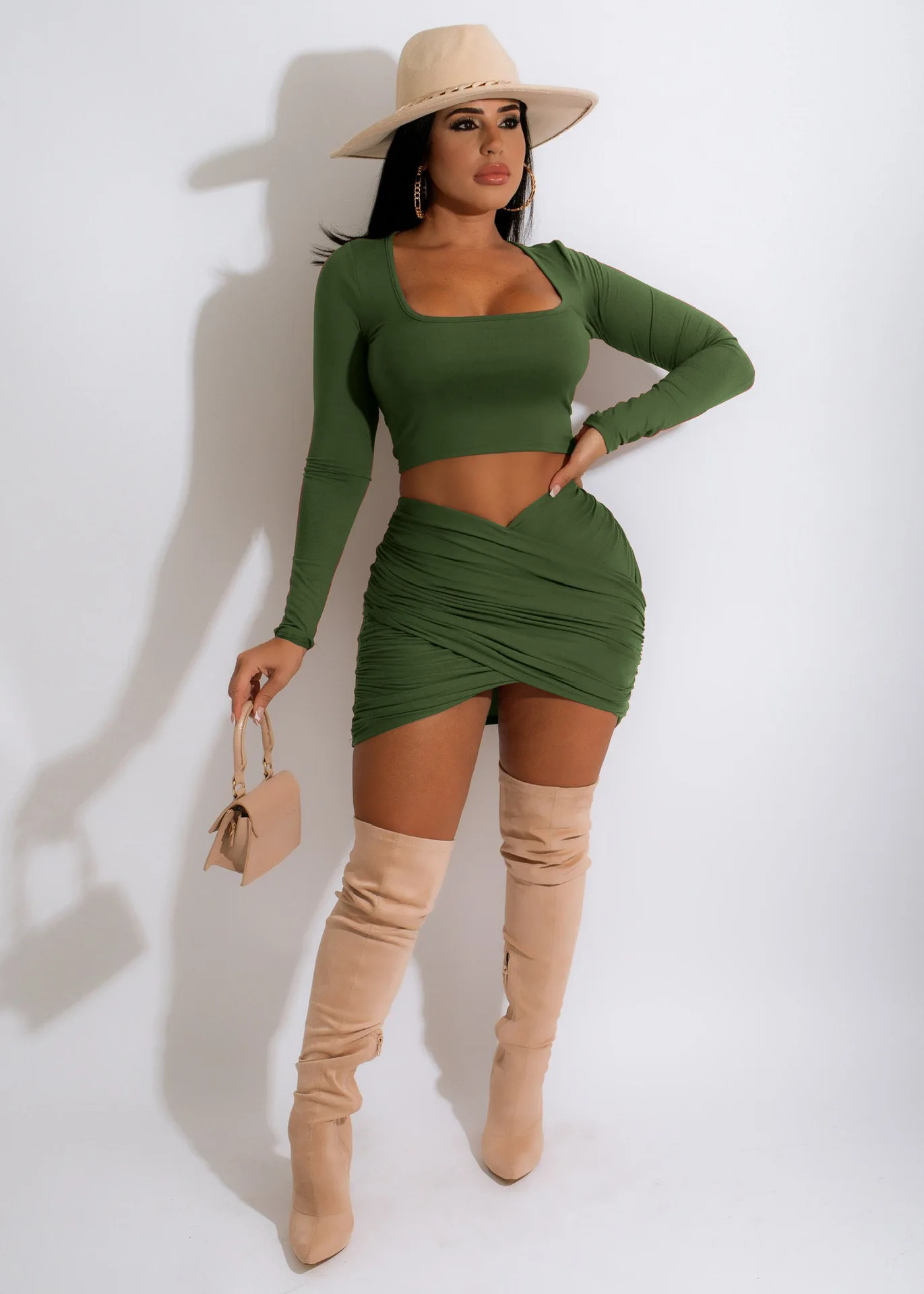 Amazon Top Selling Women Solid Square Neck Crop Top Mini Skirt Sexy Outfit Two Piece Set