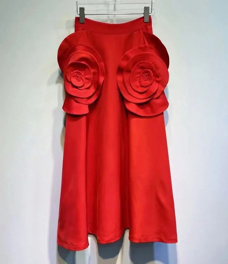High Quality New Long Skirts 2024 Spring Summer Style Women Hand Made Flower Deco Big Swing Party Elegant Red Black Club Skirt
