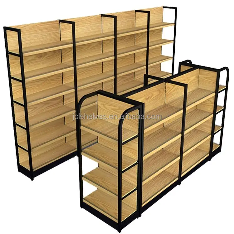 2023 new Single Sided Wooden Supermarket Shelves Metal Display Racks For Customized Gondola Shop Shelves