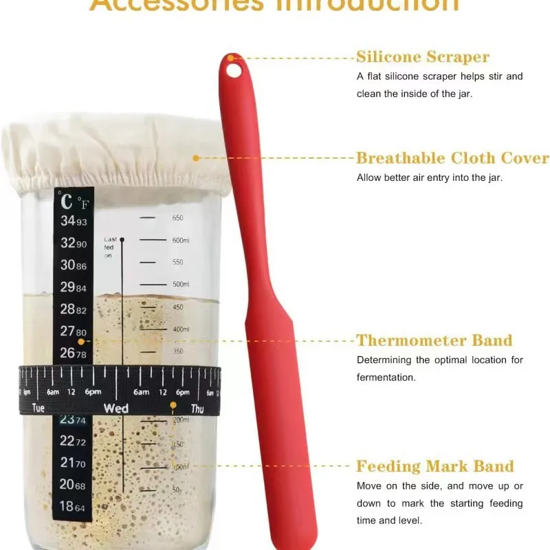 Thermometer Scraper Container Sewn Cloth Cover Metal Lid Starter Kit Sourdough Starter Jar With Date Marked Feeding Band