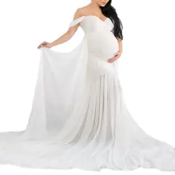Off Shoulder Solid Color Long Tail Pregnancy  Evening Dress Maternity Dresses Photography