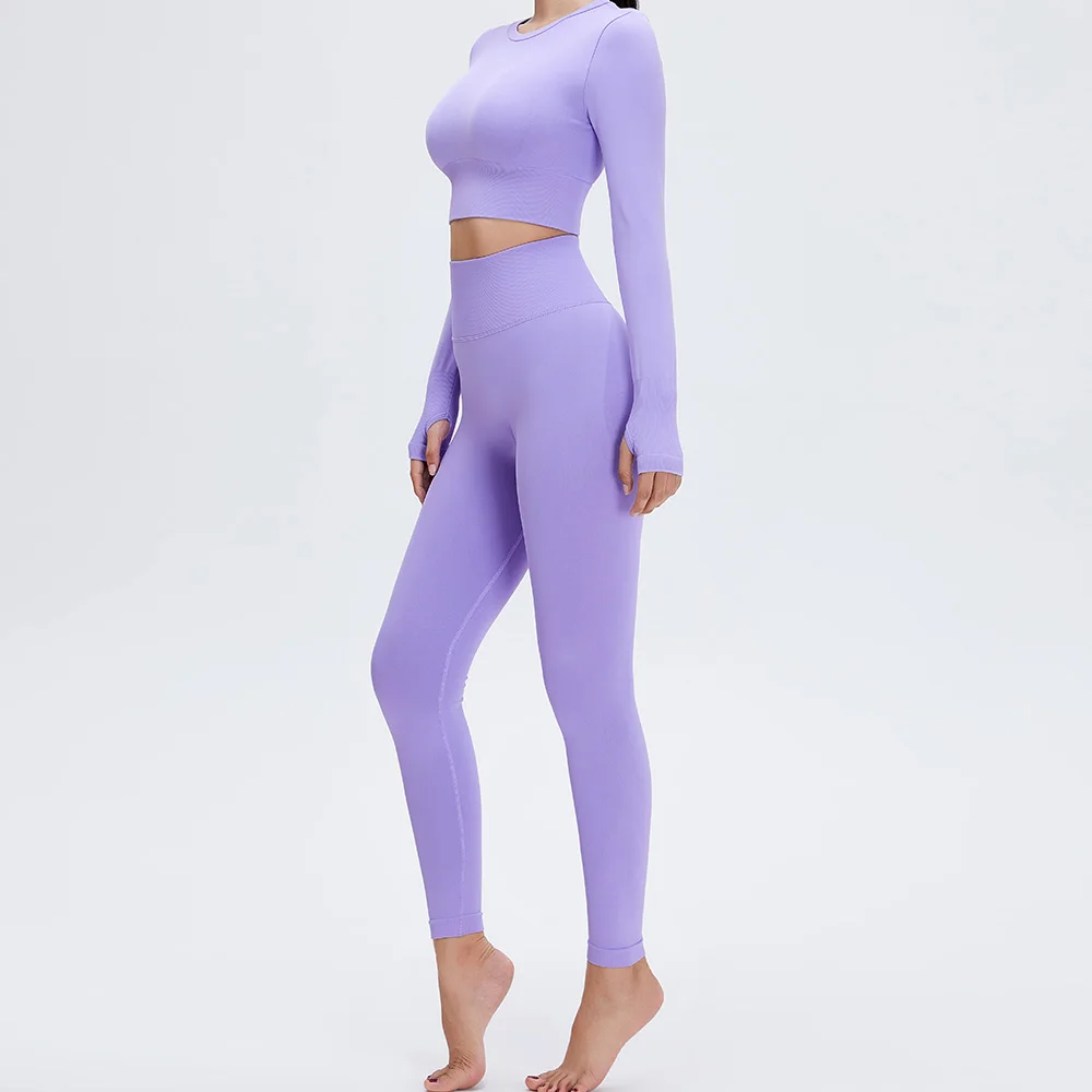 New seamless knitting fitness yoga sets workout gym long sleeve tops and leggings for women