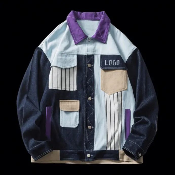 DOVEN OEM Manufacturer Custom Logo Streetwear  Fabric Block Color Contrast Embroidery Denim Jacket