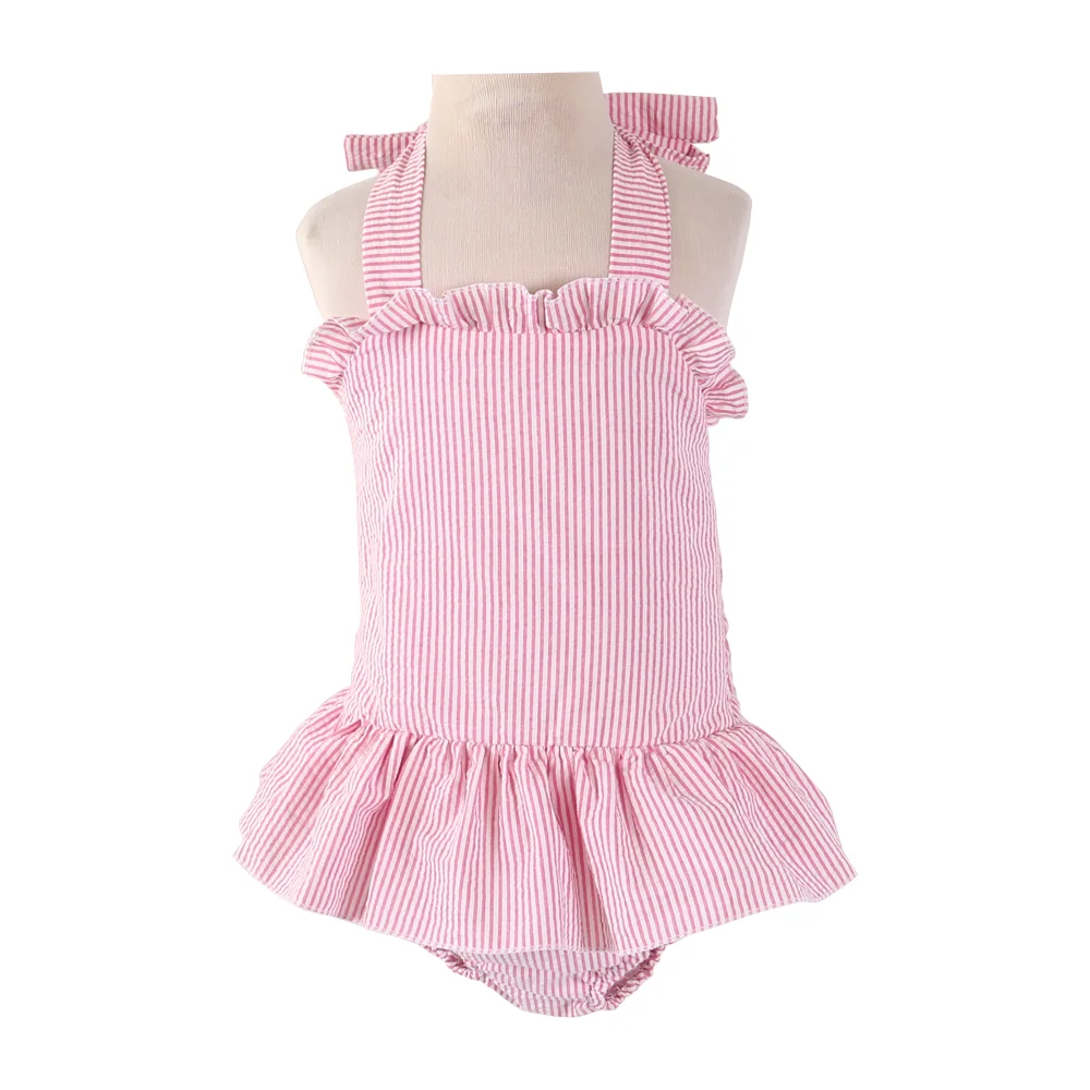 No Moq RTS  Baby Girl  Summer Swimsuit  Cotton Seersucker Ruffle Kids Girl Bikini Swim Bathing Suit