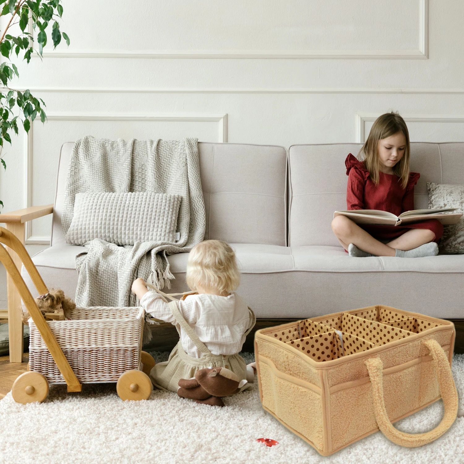 Newborn Essentials Gift for Baby Shower Teddy Sherpa Baby Diaper Caddy Organizer Nursery Storage Basket