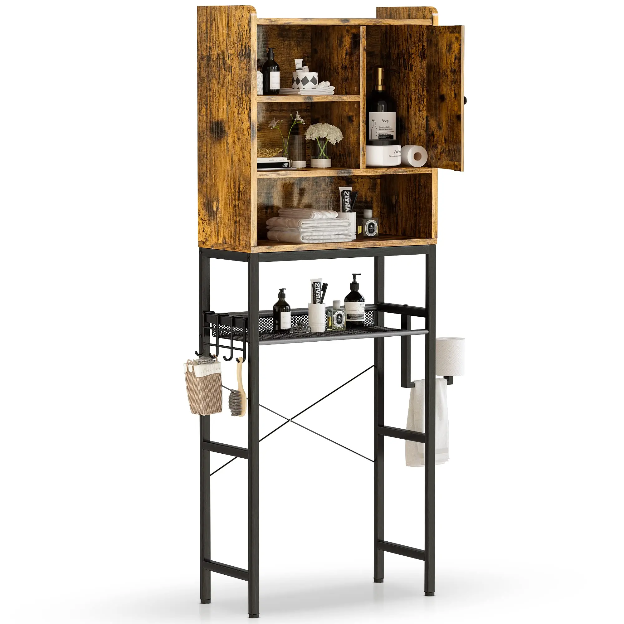 Многослойный стеллаж для хранения туалетного шкафа ванной комнаты с регулируемой полкой и бумажным крючком-Деревенский