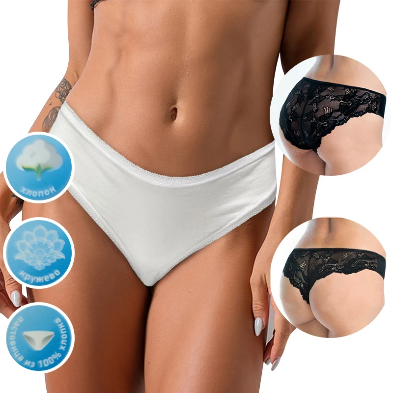 OEM Custom Logo Seamless Low Waist Ladies Briefs Sexy White Lace Cotton Girl G Strings Panties Thongs For Women