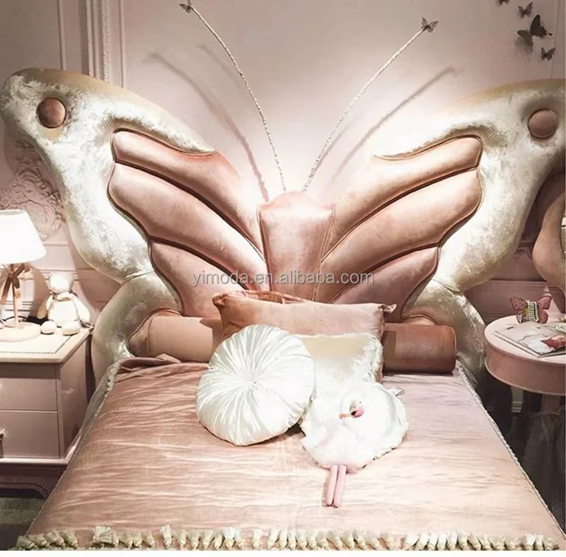 Top end Princess kid butterfly Bed Solid Wood Antique Hand Carved wooden Beds Luxury Palace princess pink Bed