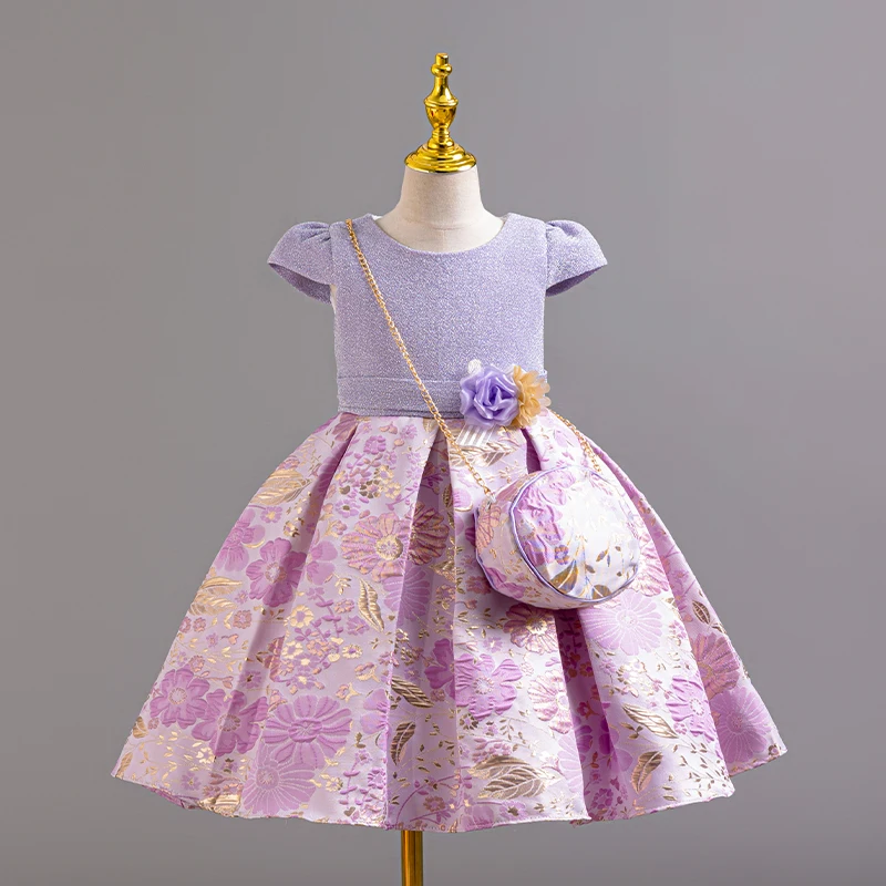 XH9802   Wholesale Children dress Latest Design Floral Flower Girl Elegant Dress For Girl 2-10 Year With Bag