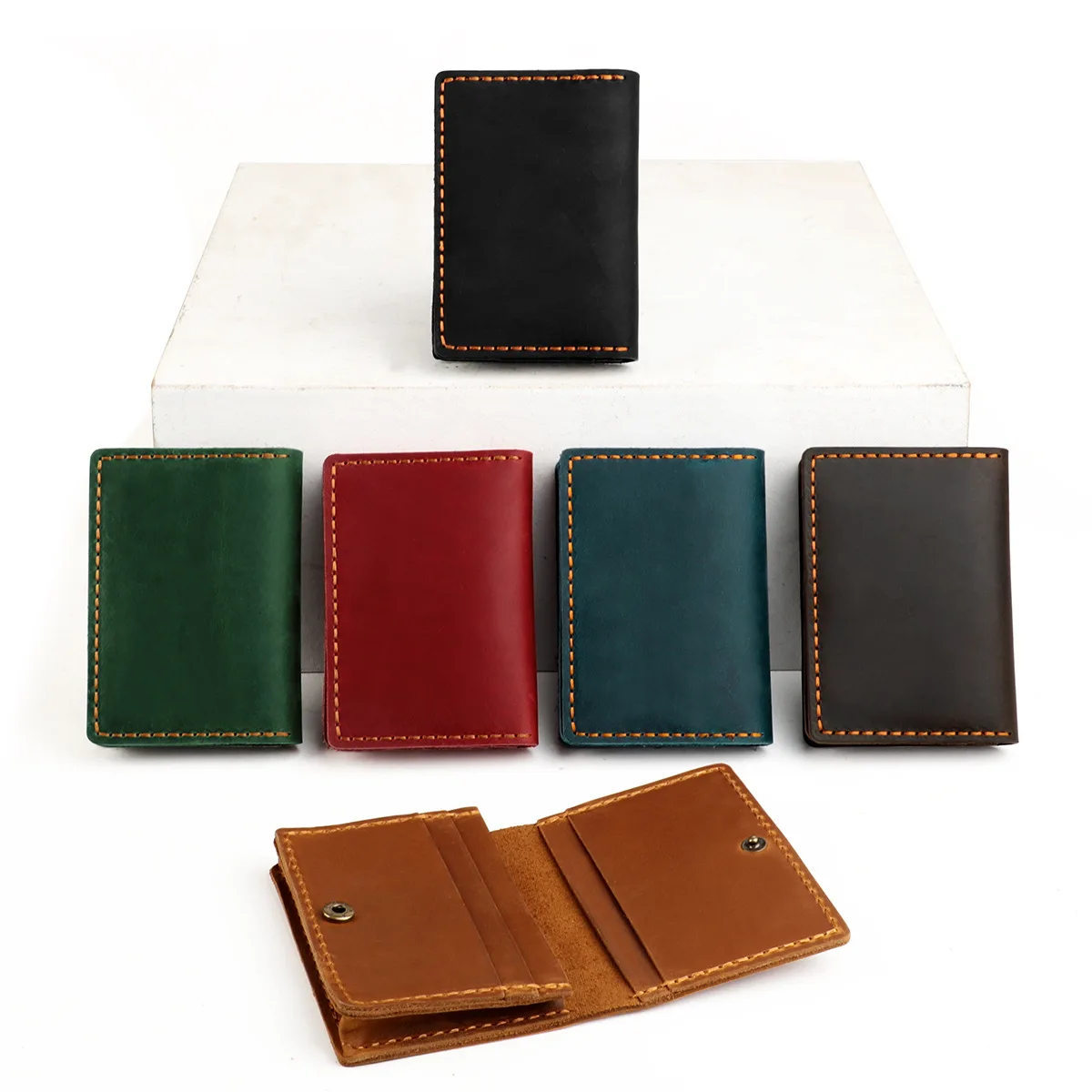 Hot Selling Custom Logo Colorful Handmade Real Leather Card Holder Genuine Cow Crazy Horse Leather Short Card Wallet