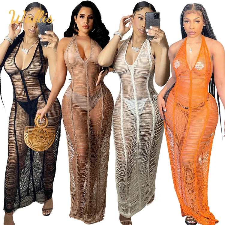 Boho Mesh Stacked Maxi Long Dress See Through Backless Spaghetti Strap Female Clubwear Knit Sexy Bodycon Casual Dresses Women